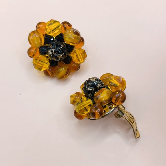 Vintage 1950s Western Germany Beaded Clip-On Earrings, Amber Tone Cluster Style - Picture 11 of 14
